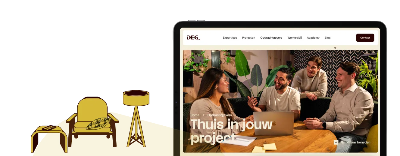 Tablet displaying a website with four people smiling and discussing around a wooden table in a modern office setting.